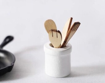 1/12 1/6 Puppenhaus Miniatur 4 echte Holz Küchenutensilien und Topf: Gabel / Messer / Pfannenwender / Löffel // Inbox für Sammelbestellungen