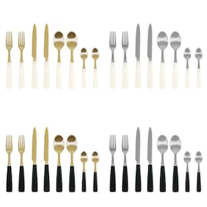 May include: A collection of flatware sets, including forks, knives, and spoons. The sets feature gold, silver, and black finishes with white or black handles. The arrangement showcases various sizes, suitable for different courses.