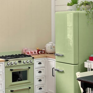 4 colours - 1/6 Dollhouse Miniature Replica SMEG Double Door Refrigerator / Cooktop Unit & Rangehood Set: Black / Green / Ivory / Silver #mh