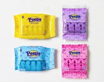 4 colours - 1/6 Dollhouse Miniature Mini Brands Peeps / Jet-Puffed Marshmellow: Blue Chicks / Pink Bunnies / Purple Bunnies / Yellow Chicks