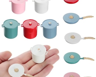 6 colours - 1/6 Dollhouse Miniature Colourful Enamel-like Metal Frying Pan / Pasta Pot / Spatula: Blue / Ivory / Orange / Pink / Teal