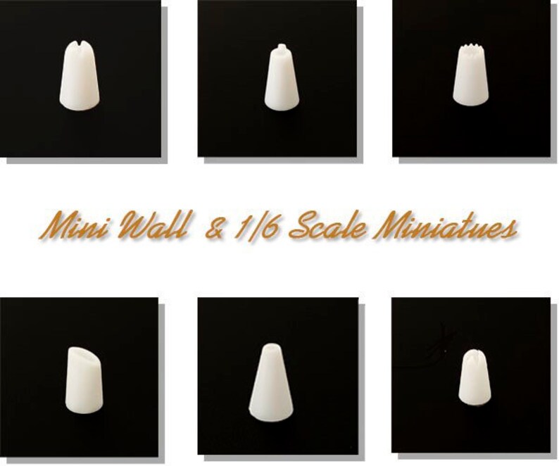 May include: A collection of six white miniature architectural elements, each with a unique shape, displayed against a black background. The text "Mini Wall & 1/6 Scale Miniatures" is in the center. These pieces are likely for model building or dollhouses.