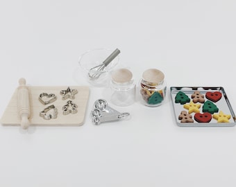 May include: A set of baking supplies including a rolling pin, cookie cutters, measuring spoons, a whisk, two glass jars, and a baking sheet with colorful cookies.