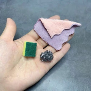 3er Set - 1/4 1/6 Dollhouse / Real Kochen Miniatur Geschirrspülset: Tuch / Schwamm / Edelstahl Schrubber