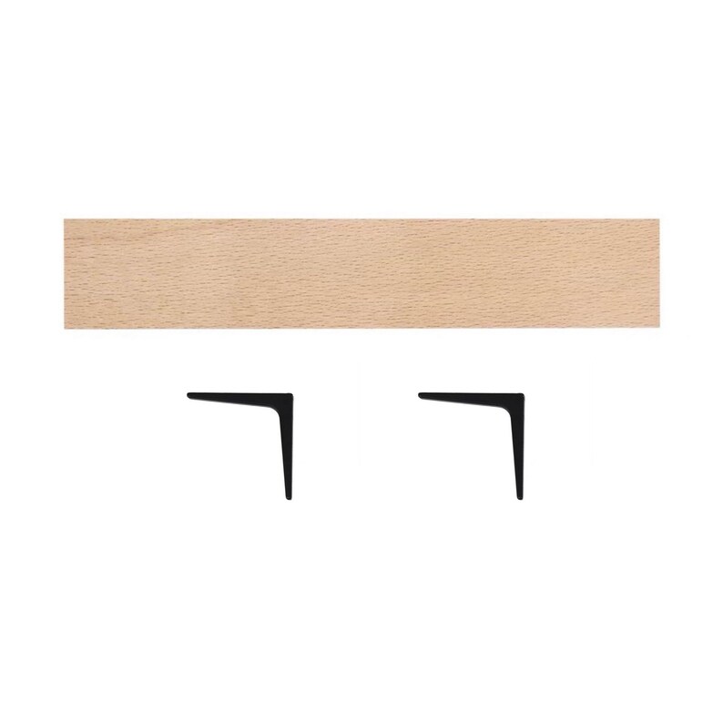 May include: Two black metal shelf brackets with a light wood shelf.
