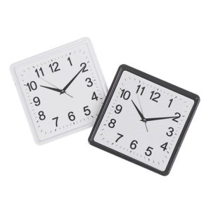 May include: Two square clocks, one with a white face and black hands and the other with a black face and white hands. Both clocks have black numbers.