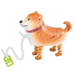 Pode incluir: Um c&atilde;o de bal&atilde;o marrom e branco com uma coleira vermelha e uma etiqueta verde que diz "SAG BALLOONS". O c&atilde;o tem pernas el&aacute;sticas e uma cauda.