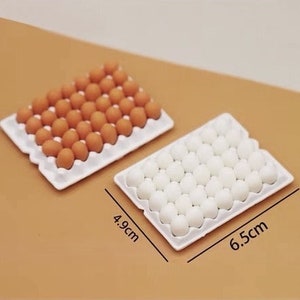 May include: Two white egg cartons, one filled with brown eggs and the other with white eggs. The cartons are 4.9 inches by 6.5 inches.