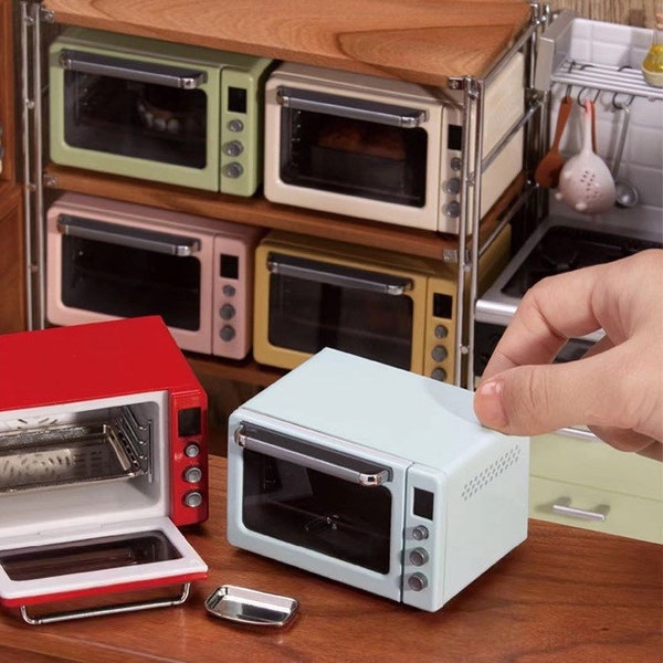 6 colours - 1/6 Dollhouse Miniature Metal Retro Oven with Working Light: Blue / Ivory / Olive / Pink / Red / Yellow *Battery included