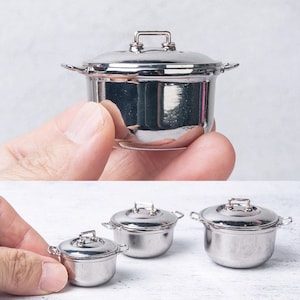 3 sizes - 1/12 1/6 Dollhouse Miniature Stainless Steel-like Silver Cooking Pot with Handles & Lid // Inbox us for bulk orders #sm25