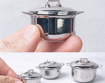 3 tailles - 1/12 1/6 marmite miniature argentée de type maison de poupée avec poignées et couvercle qui s'ouvre // Nous envoyer des colis pour les commandes groupées # sm18