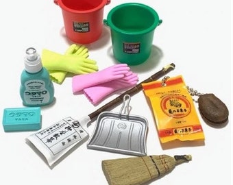 All 6 sets - 1/6 Dollhouse Miniature Home Clean Collection: Soap / Broom / Dustpan / Rubber gloves / Mop bucket #kelhc