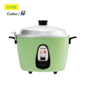 May include: A green rice cooker with a silver lid and a black control panel. The control panel has Japanese text and a red and yellow light. The text on the control panel reads "保温" and "炊飯".