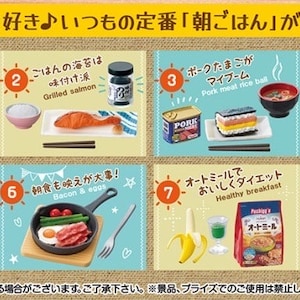 Op de afbeelding: Een kleurrijke illustratie van acht verschillende ontbijtmaaltijden, elk met een nummer en Japanse tekst. De maaltijden omvatten rauw ei op rijst, gebakken zalm, varkensvlees rijstbal, toast met boter, broodjes en fruit, spek en eieren, gezond ontbijt en vetarm ontbijt.