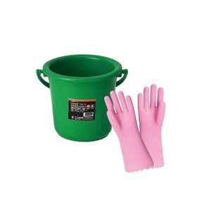 May include: A green plastic bucket with black text on a label and two pink rubber gloves. The bucket has two handles and a wide opening. The gloves are a light pink color.