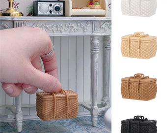 4 colours - 1/6 Dollhouse Miniature Openable Rattan Basket with Handles Lid: Black / Brown / White // Inbox us for bulk orders #mh22