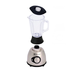 以下が含まれることがあります： 透明なプラスチック製のピッチャーと黒い蓋が付いたシルバーのブレンダー。ブレンダーには、ダイヤル付きの制御ノブと、前面に「Russell Hobbs」という文字が印刷されています。