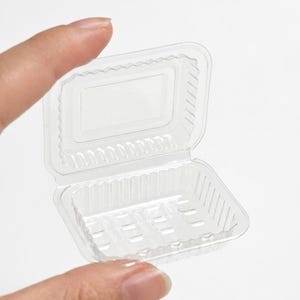 Puede incluir: Un pequeño recipiente de plástico transparente con tapa abatible, abierto. El recipiente tiene forma rectangular con borde acanalado y un patrón de rejilla en la parte inferior. La tapa también es transparente y rectangular.