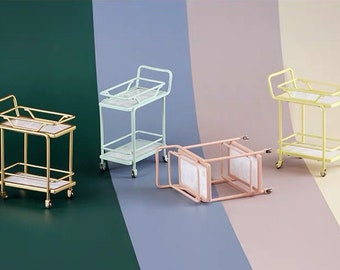7 colours - 1/6 Dollhouse Miniature Metal Double-deck Serving Cart with Functional Wheels: Blue / Gold / Pink / Yellow #az149