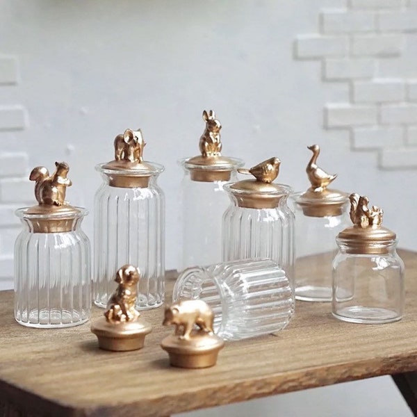 Plain / Striped x 4 heights - 1/12 1/6 Dollhouse Miniature Real Glass Jar (Height 2 / 3 / 3.5 / 4 cm) with Gold Animal Lid