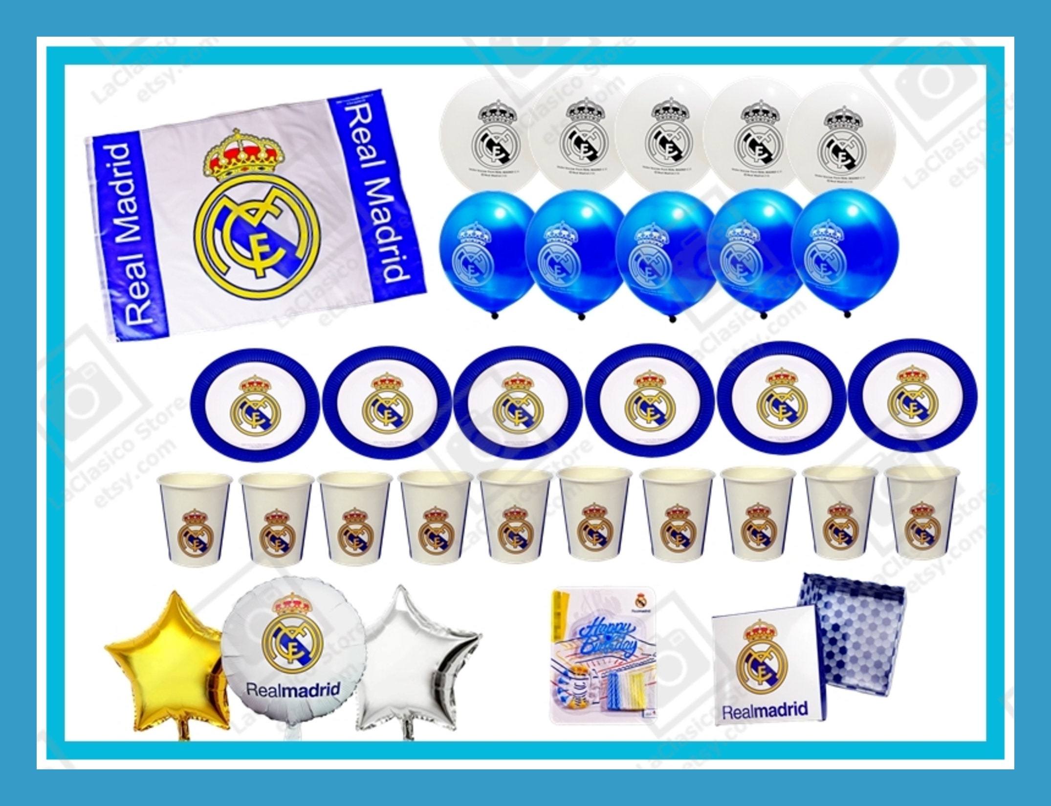 Real Madrid Party Birthday Set 61 PCS Decoration Plates Cups Balloons Flag  All in One 