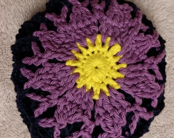 Navy with Purple Flower Crochet Folding Reusable Market Bag