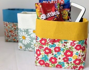 Handy fabric small basket bag box storage for hypo treats or beauty products cute floral bright mustard colourful