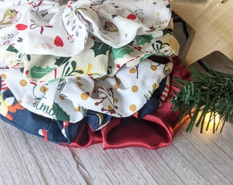 Christmas hair scrunchies 100% cotton satin soft fabric fun festive prints handmade