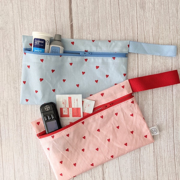 Wash or travel bag zip pouch made from coated cotton splash proof holds toiletries makeup nappies diabetic kit floral hearts more options