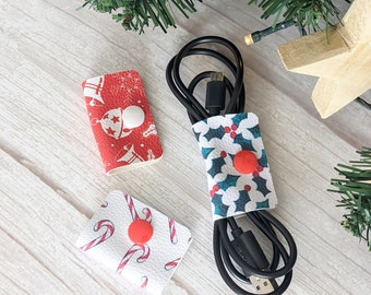 Christmas tiny cute headphone or wire holder with popper snap fastening made from vegan leather - more colour options available