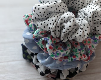 Ladies hair scrunchies viscose jersey crepe soft fabric floral black and white dotty pretty prints handmade