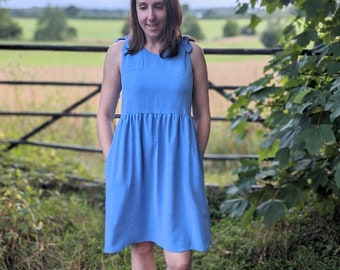 Pretty Blue Floaty Gathered Waist Smock Dress with Tie Shoulders and Pockets (with secret holes for diabetics!)