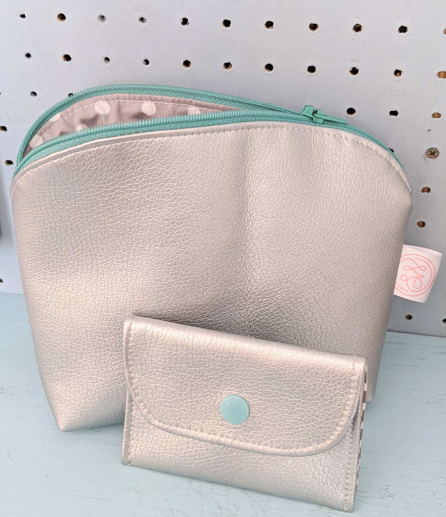 Curved top zip pouch in silver with contrasting mint zip Etsy
