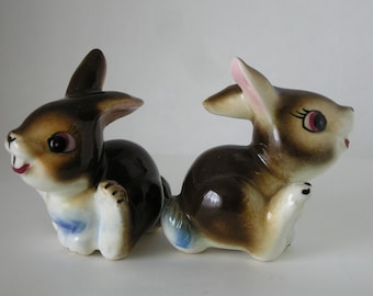So How Cute Are These Two, Vintage Hand Painted, Glazed Ceramic Character Figurine &quot;Wide-eyed Bunny Rabbits&quot; Salt & Pepper Shakers