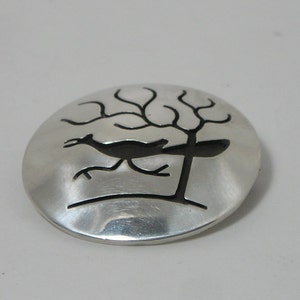 Domed Southwest Style, Sterling Silver Cut-Out &quot;Roadrunner & Tree&quot; Pendant or Locking Clasp Brooch Pin, 1 3/16&quot; Dia. Unmarked