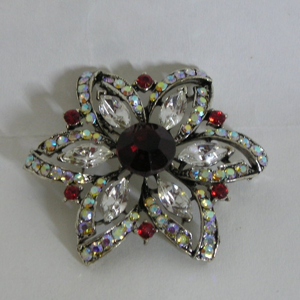 Vintage Ruby Red, Clear Diamond Rhinestone Flower by "Weiss" Brooch Pin Round & Marquise Cut 2" Diameter