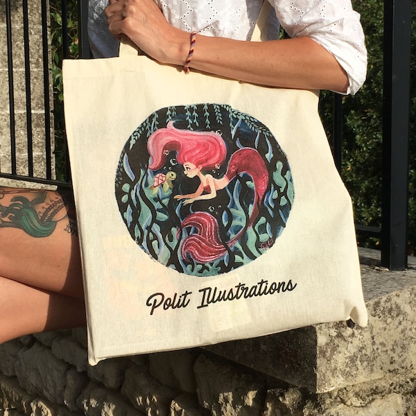 Tote bag coton illustré sirène