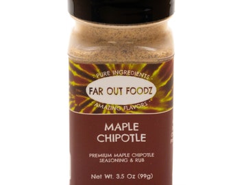 May include: A glass jar with a black lid containing a brown spice blend. The label reads "Far Out Foodz" and "Maple Chipotle Premium Maple Chipotle Seasoning & Rub" with a net weight of 3.5 oz (99g).