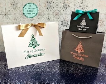 Personalised Christmas Gift Bags: Tree Design with Ribbon and Name