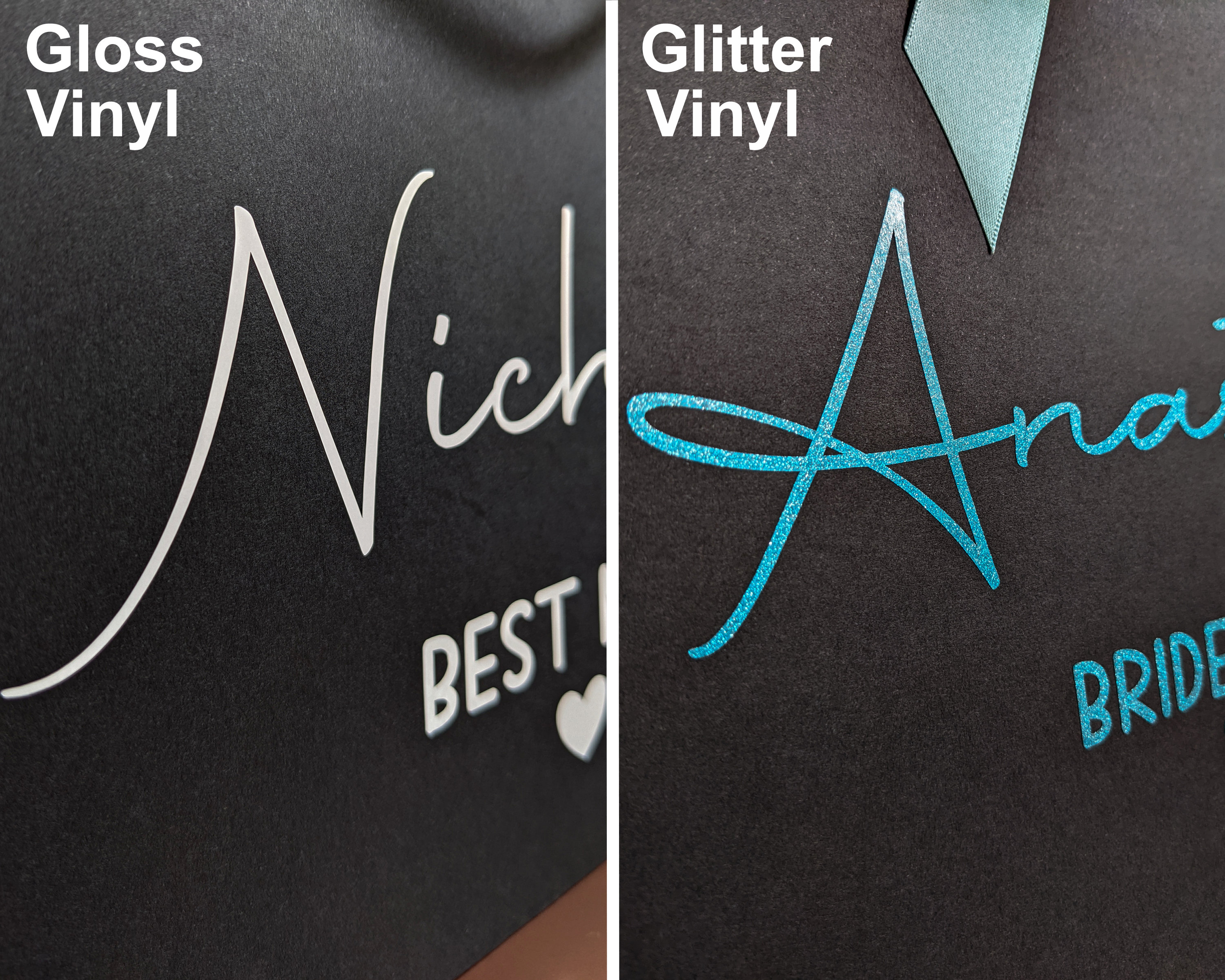 Close-up of two black gift bags, one with Gloss Vinyl and one with Glitter vinyl to show the difference in finish. The Gloss vinyl reflects the light, and the Glitter vinyl sparkles.