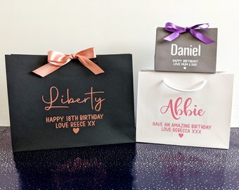 Birthday Gift Bags, Personalised Gift Bag with Ribbon, White Black Grey Present Bags