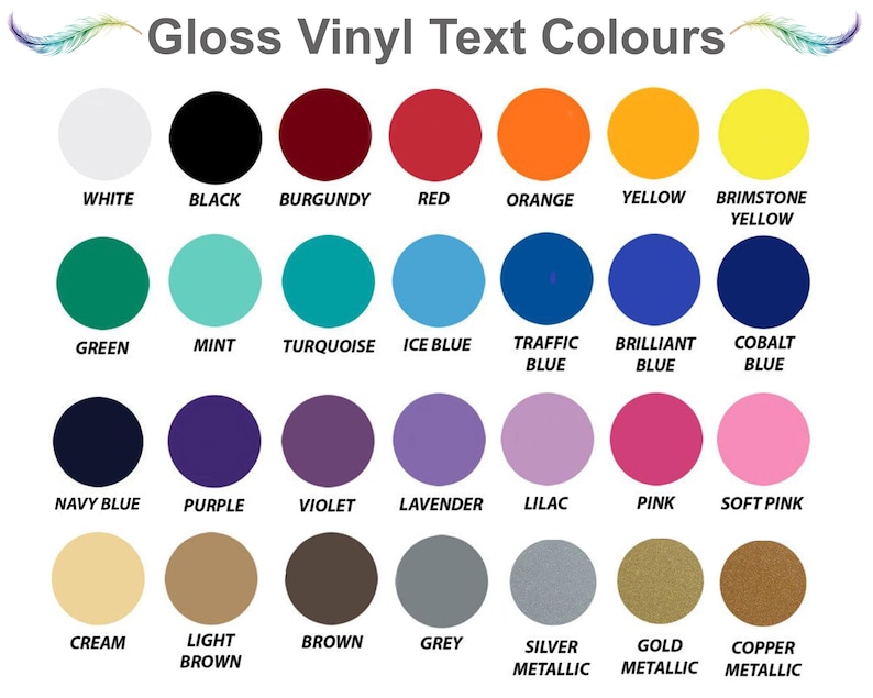 A chart of 28 Gloss vinyl text colour options labelled with their names, including white, black, burgundy, red, orange, yellow, brimstone yellow, green, mint, turquoise, ice blue, traffic blue, brilliant blue, cobalt blue, navy blue, purple, violet, lavender, lilac, pink, soft pink, cream, light brown, brown, grey, silver metallic, gold metallic, and copper metallic.