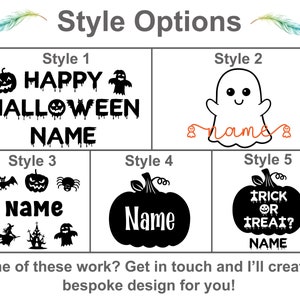 Five different Halloween design options for a personalised gift bag. The designs include a pumpkin, a ghost, a bat, a spider, a witch, a castle, and the text "Happy Halloween", "Trick or Treat", and "Name".