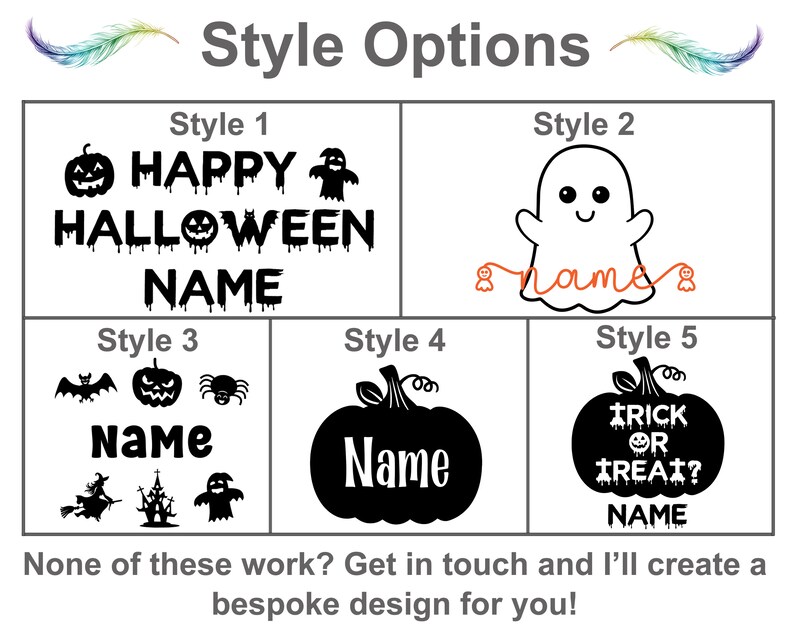 Five different Halloween design options for a personalised gift bag. The designs include a pumpkin, a ghost, a bat, a spider, a witch, a castle, and the text "Happy Halloween", "Trick or Treat", and "Name".