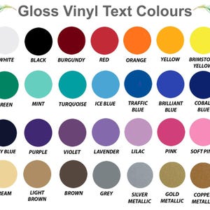 A chart of 28 Gloss vinyl text colour swatches labelled with their names, including white, black, burgundy, red, orange, yellow, brimstone yellow, green, mint, turquoise, ice blue, traffic blue, brilliant blue, cobalt blue, navy blue, purple, violet, lavender, lilac, pink, soft pink, cream, light brown, brown, grey, silver metallic, gold metallic, and copper metallic.