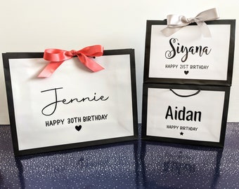Personalised Birthday Gift Bags: Black & White Bag with Ribbon