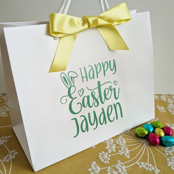 Easter Gift Bag, Easter Present Ideas, White Gift Bags with Ribbon, Easter Egg Bag