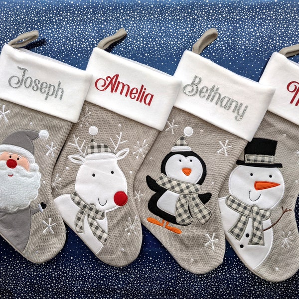 Personalised Christmas Stockings, Knitted Grey Stocking, Santa Reindeer Penguin Snowman Designs