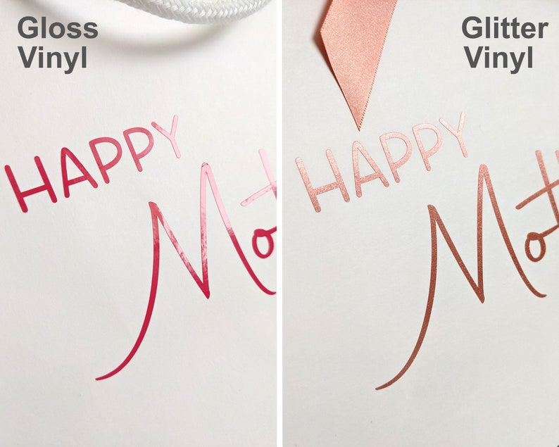 Two images showing the difference between gloss and glitter vinyl. The gloss vinyl reflects the light, the glitter vinyl has a sparkly finish.