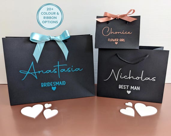 Black Wedding Gift Bags: Personalised Bag with Ribbon for Bridal Party